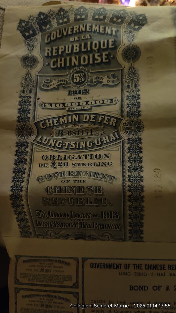 Obligations chinoise de 1913 5 % or 85 Coll�gien (77)