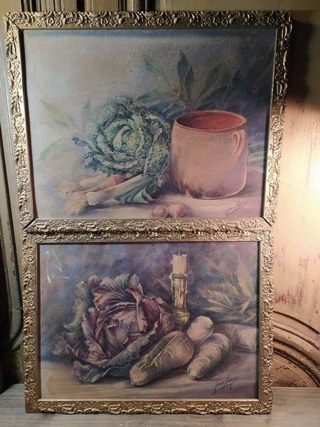 Paire d'Aquarelles Natures Mortes aux L�gumes de Jean Mayer 80 Loches (37)