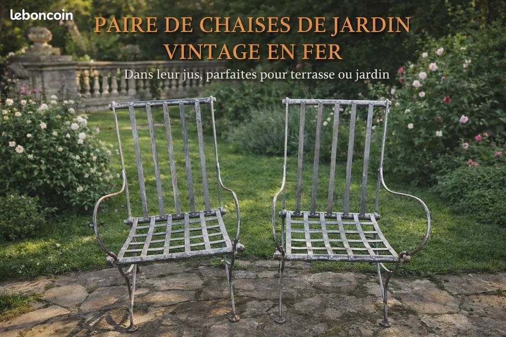 Paire de chaises de jardin vintage en fer ? Dans leur jus 58 Surville (27)