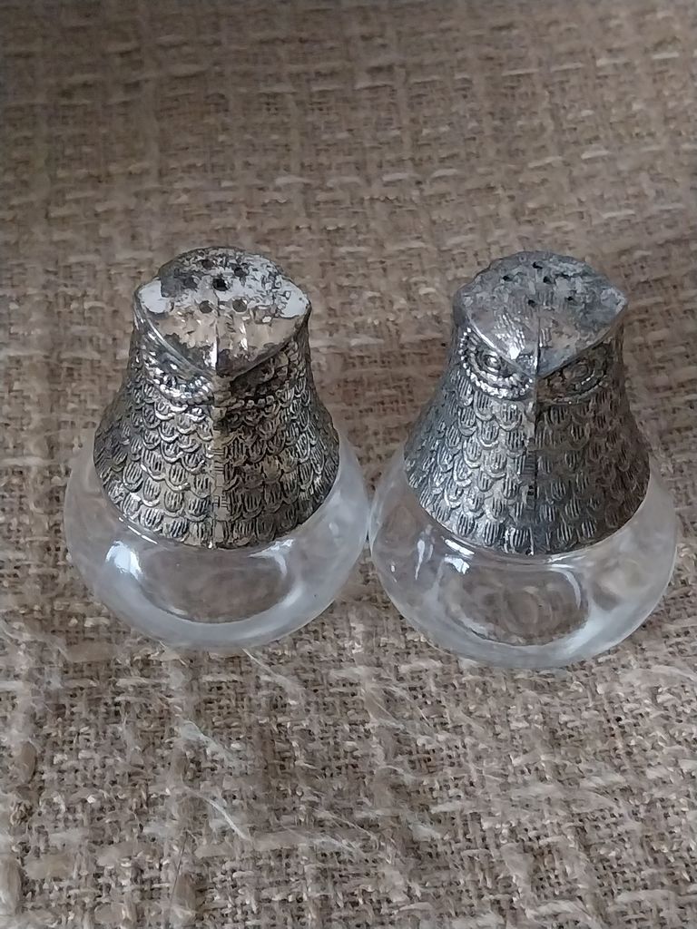 Paire de sali�res poivre hibou en verre et m�tal argent� 30 Montigny-sur-Avre (28)