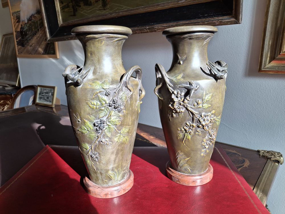 Paire vases art nouveau r�gule triple patine sign�s Moreau 185 Vichy (03)