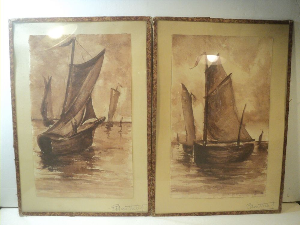 Paires d'Aquarelles Marine Bateau P�cheur Sign�es 50 Cognac (16)
