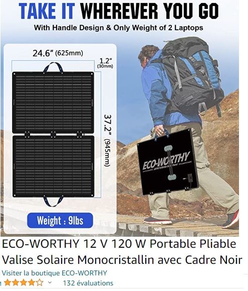 Panneau solaire transportable, ECO WORTHY, 12 V, 120 W, Mono 95 Gourhel (56)