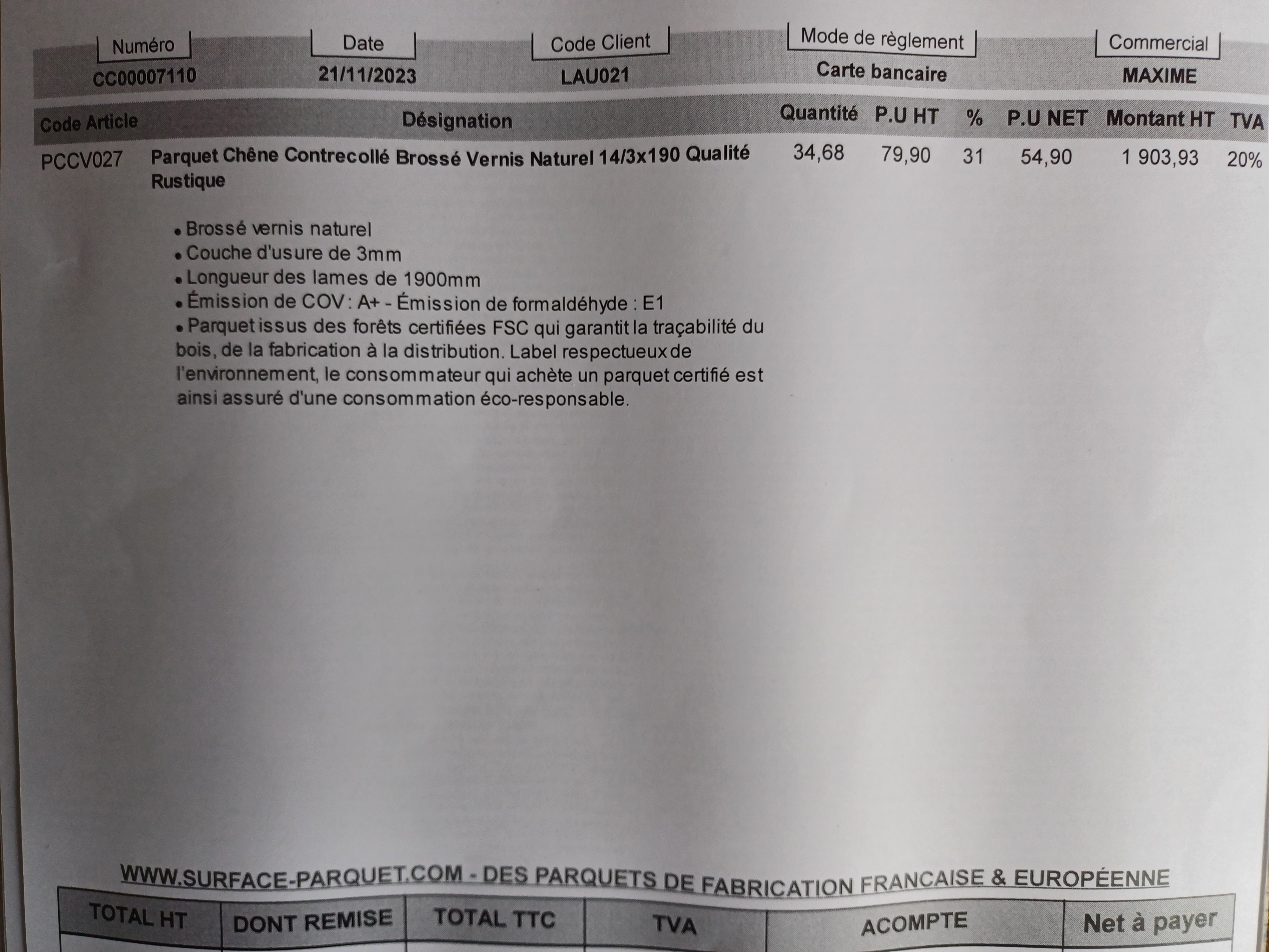 Parquet neuf 35 �/m2 1212 Levallois-Perret (92)