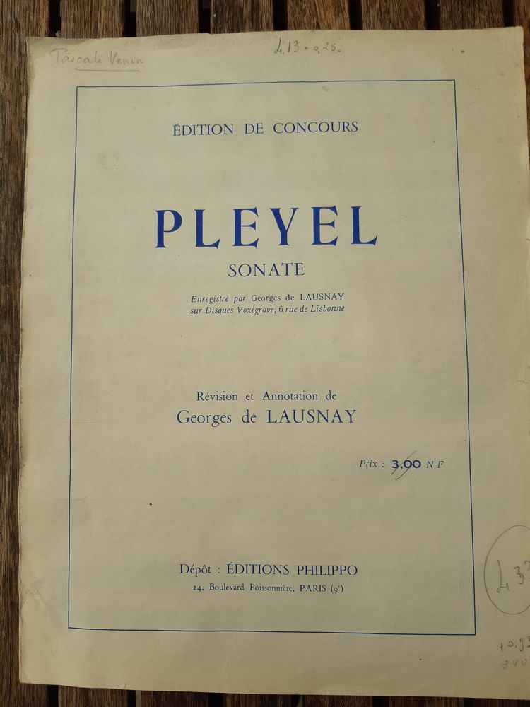 Partition  Sonate  de Pleyel pour piano 10 Nieuil-l'Espoir (86)