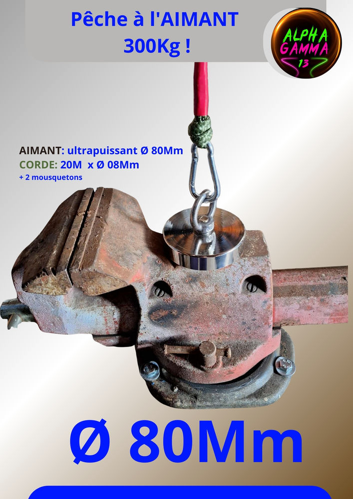 P�che � l'aimant 300Kg ultra-puissant �80 + corde et 2 mousq 41 Hurigny (71)