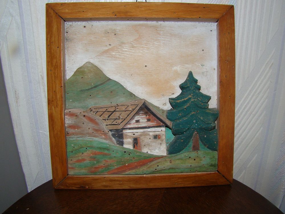 Peinture sur bois en relief    Chalet de montagne    1930 15 Gargenville (78)
