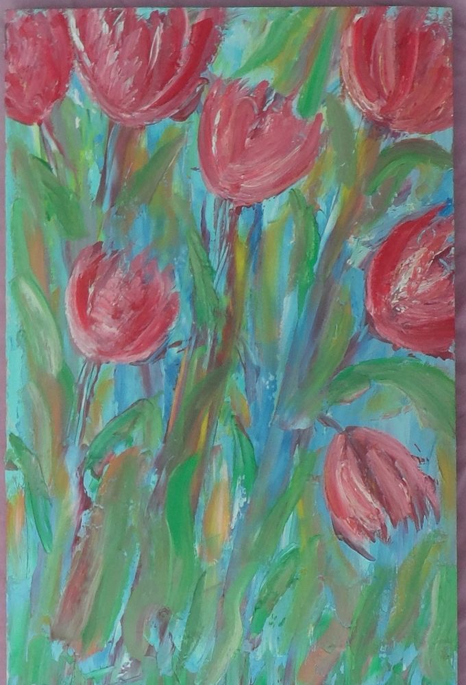 Peinture sur bois tulipes  33,5 cm x 21 cm 20 Castries (34)