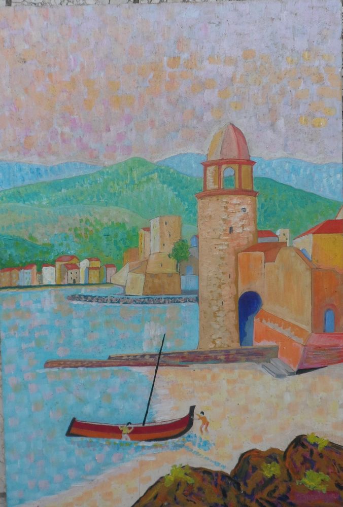 Peinture sur bois village au bord de la mer et bateau sign�e 25 Castries (34)