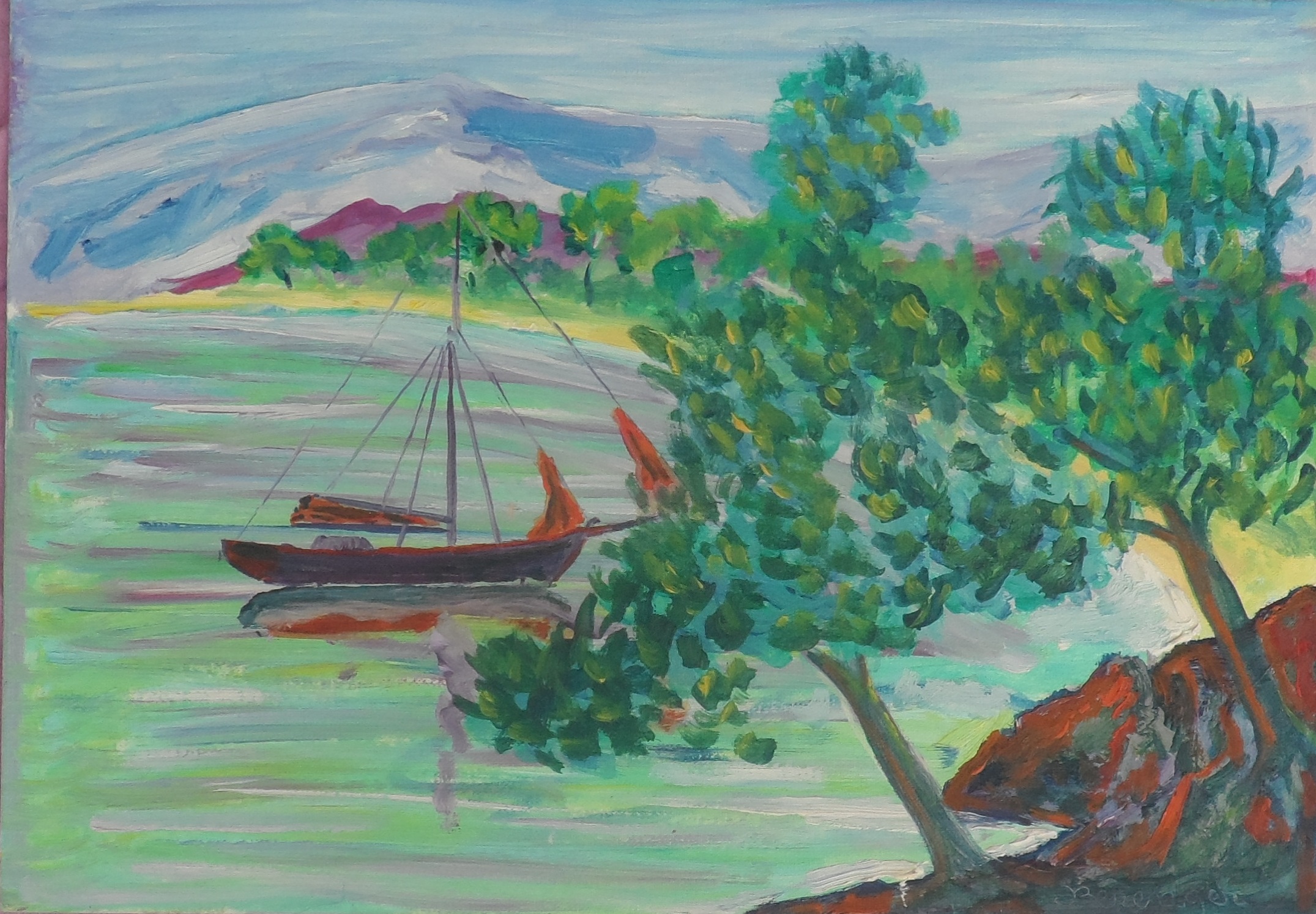 Peinture sur carton arbre et voilier sign�e 21 x 29,7 15 Castries (34)