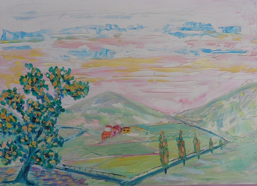 Peinture sur carton arbre maison et cl�ture sign�e 21 x 29,7 15 Castries (34)