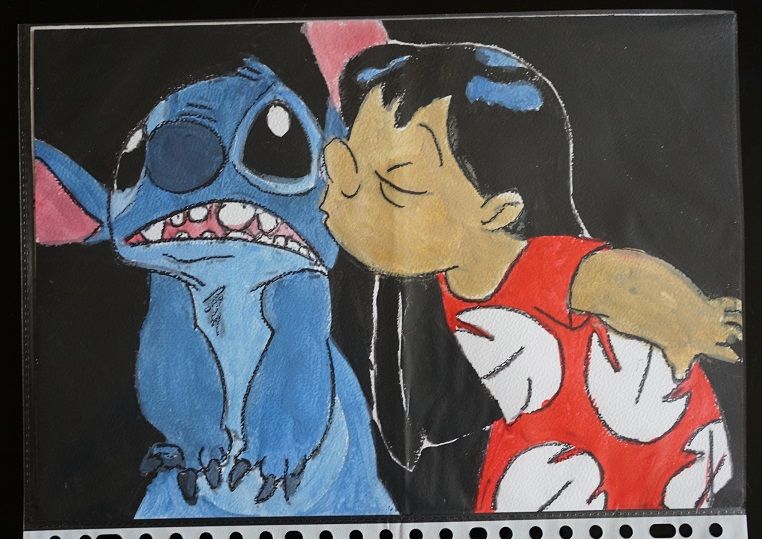 bl - peinture - stitch et lilo - le bisou - sur papier aquar 4 Foug�res (35)