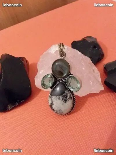 Pendentif argent en jaspe s�same labradorite et quartz vert 15 Pont-du-Ch�teau (63)
