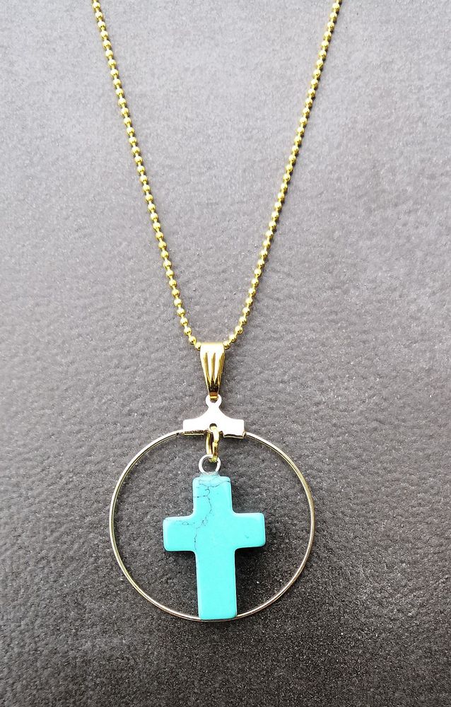 Pendentif croix Turquoise naturelle dans anneau acier dor� 5 La Seyne-sur-Mer (83)