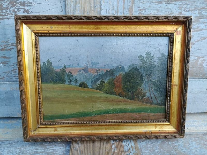 Petit Tableau Paysage de Campagne Vue sur Clocher 49 Loches (37)