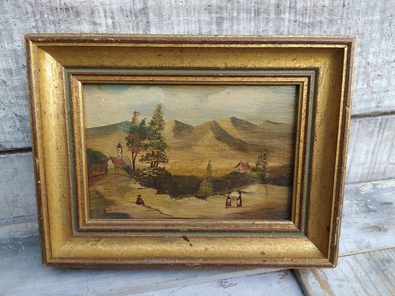 Petit Tableau Peint sur Bois Paysage de Montagne Style XIXe 70 Loches (37)