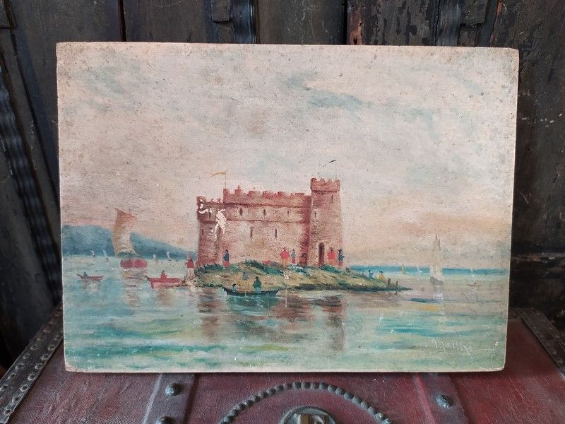 Petite Peinture sur Bois XVIIIe/XIX�me Marine Ch�teau 1 Loches (37)