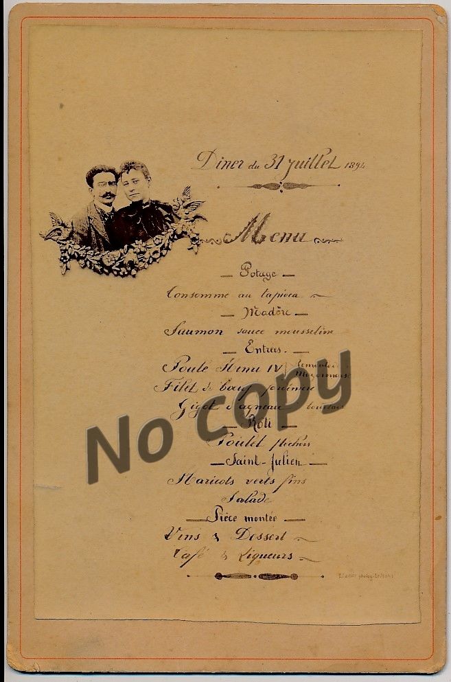Photographie Cartier Le Mans, Menu Diner du 31 Juillet 1894 0 Loches (37)
