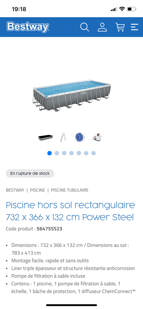 Piscine bestway neuve dans carton sur palette.
732x366x133m. 900 Soissons (02)