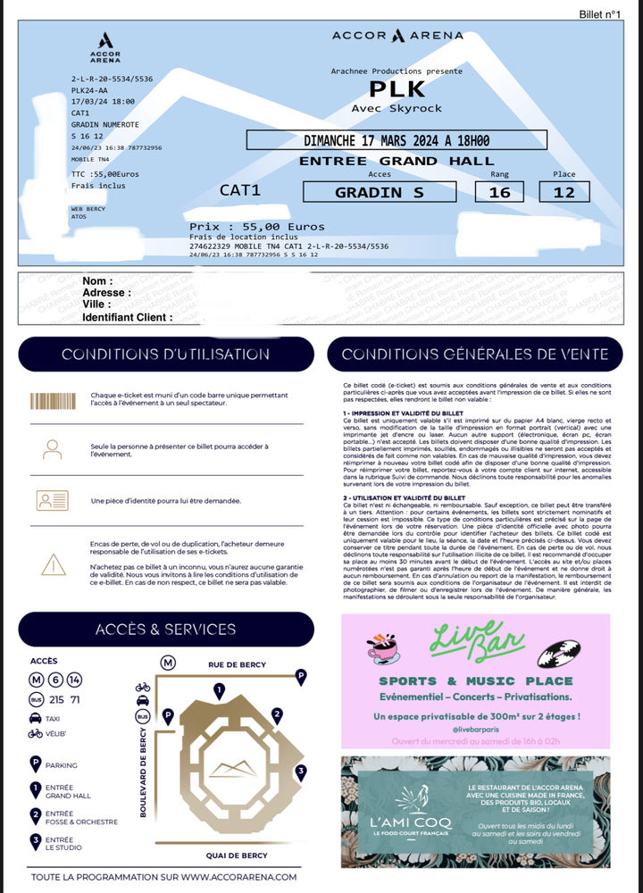 Place concert PLK le 17/03 � paris 55 Montrouge (92)