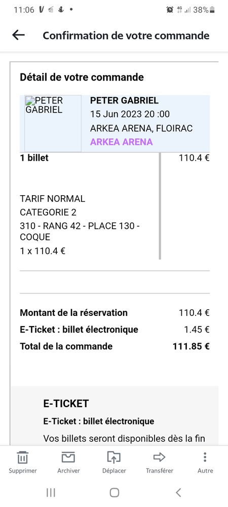 Place concert peter gabriel Bordeaux 15juin 2023 100 Grenoble (38)