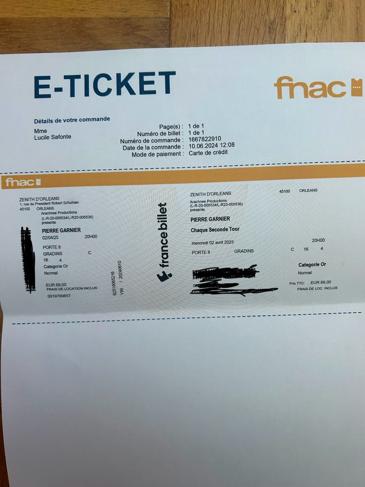 1 place concert Pierre Garnier Zenith d'Orl�ans 2 avril 2025 60 Meaux (77)