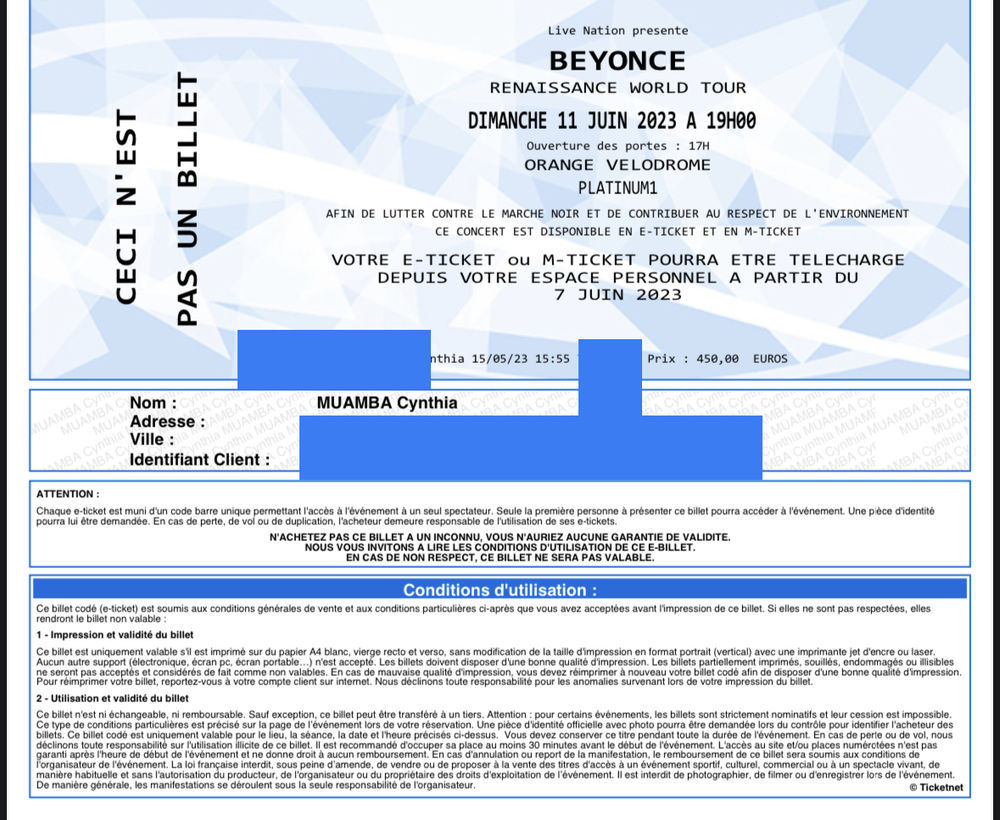 1 place place platinum1 en cat�gorie or pour Beyonc� 350 Poissy (78)