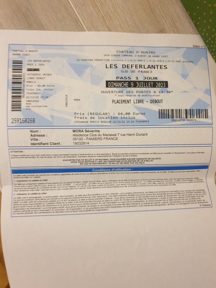 Place pour les deferlantes le 9 juillet 50 Pamiers (09)