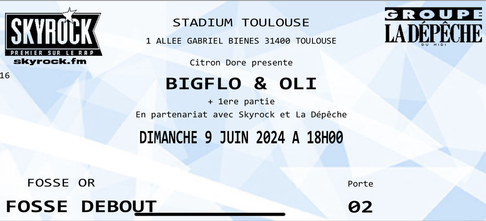2 places de concert Bigflo et Oli 
Dimanche 9 juin 18:00 TFC 100 Toulouse (31)