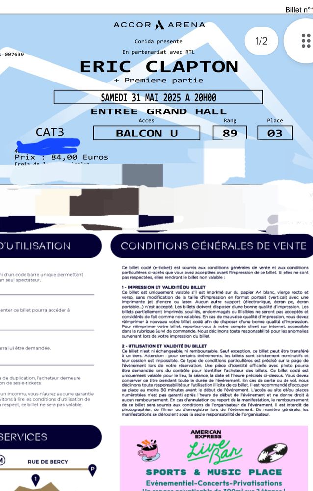 2 places concert Clapton 84 Lille (59)