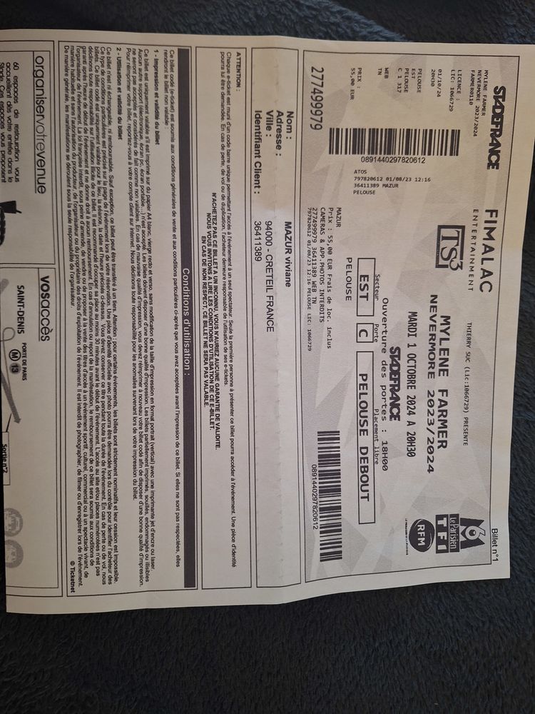 2 places de concert mylene farmer 55 Saint-Denis (93)