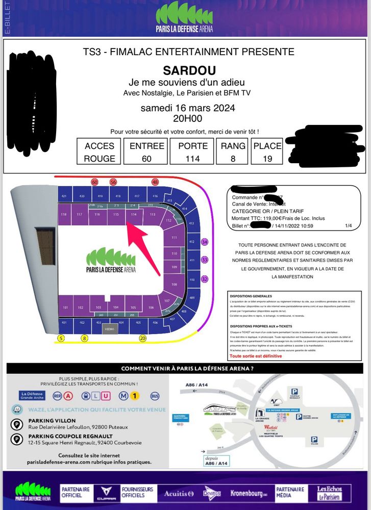 2 places Michel Sardou 16/03/24 Paris 100 Paris 15 (75)