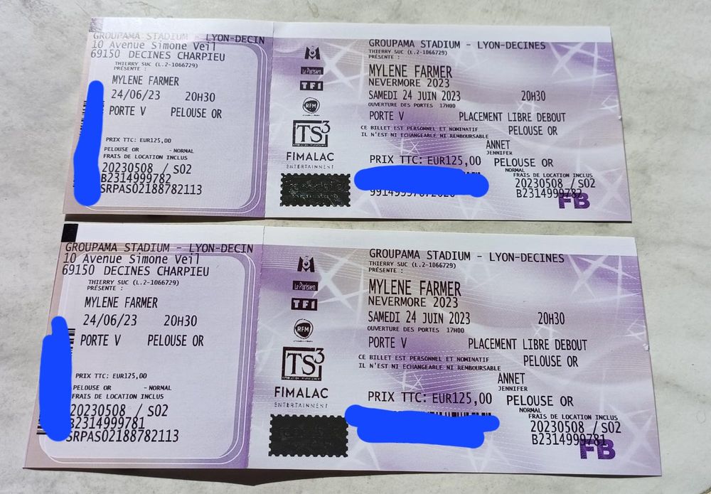 2 places Myl�ne Farmer Lyon 24 juin 2023 pelouse Or 125 Montpellier (34)