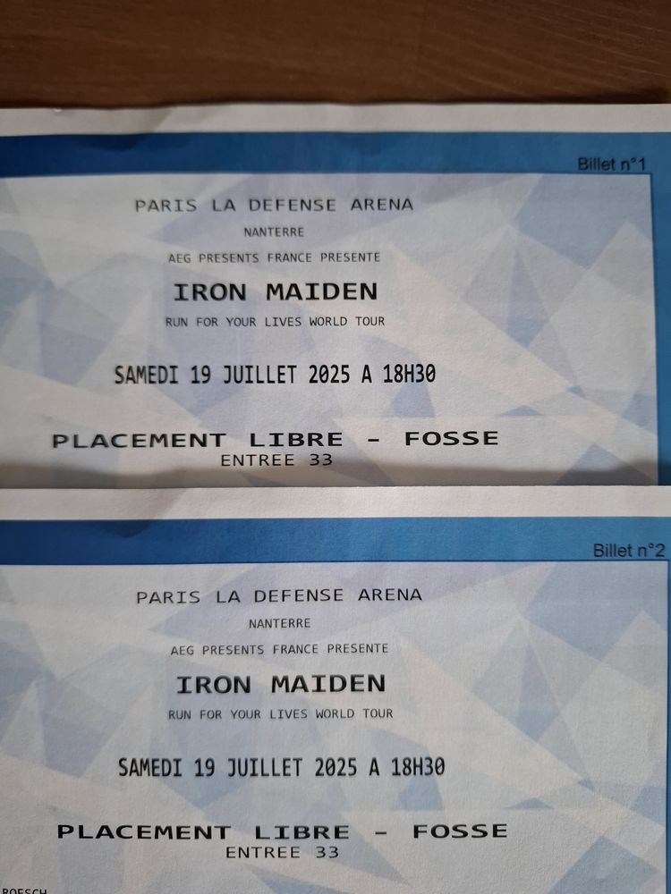 2 places pour Iron Maiden samedi 19 juillet � Paris 0 La Tour-du-Pin (38)