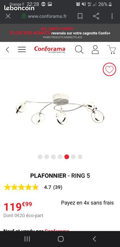 Plafonnier ring 5 conforama 80 Dugny (93)