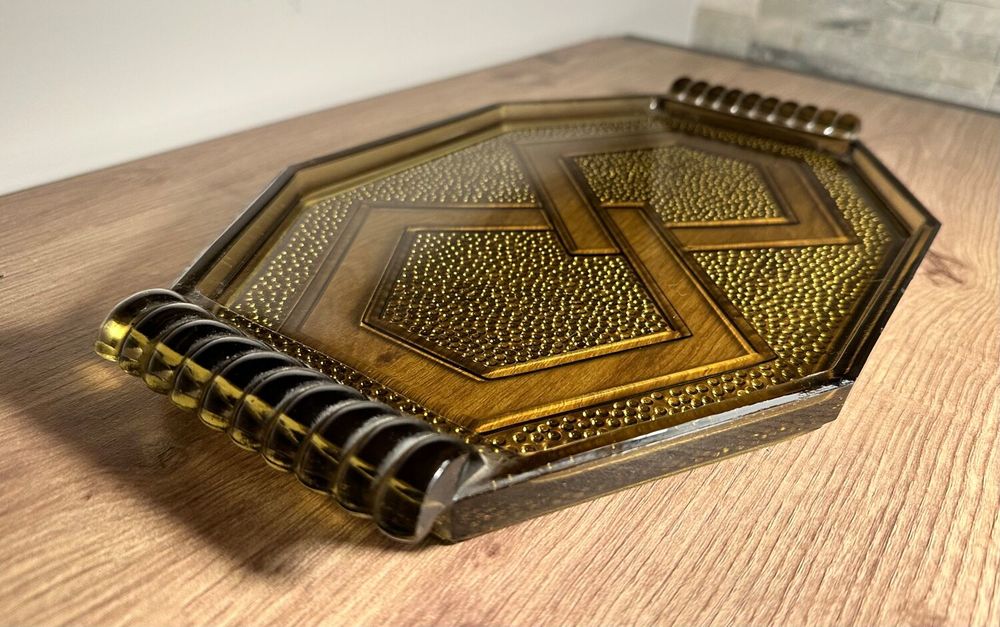 Plateau Art D�co en verre ambre ? Ann�es 30 45 Mussidan (24)