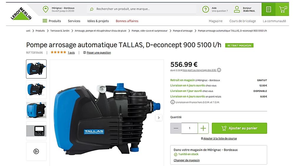 Pompe d'arrosage automatique TALLAS D-econcept. 400 M�rignac (33)