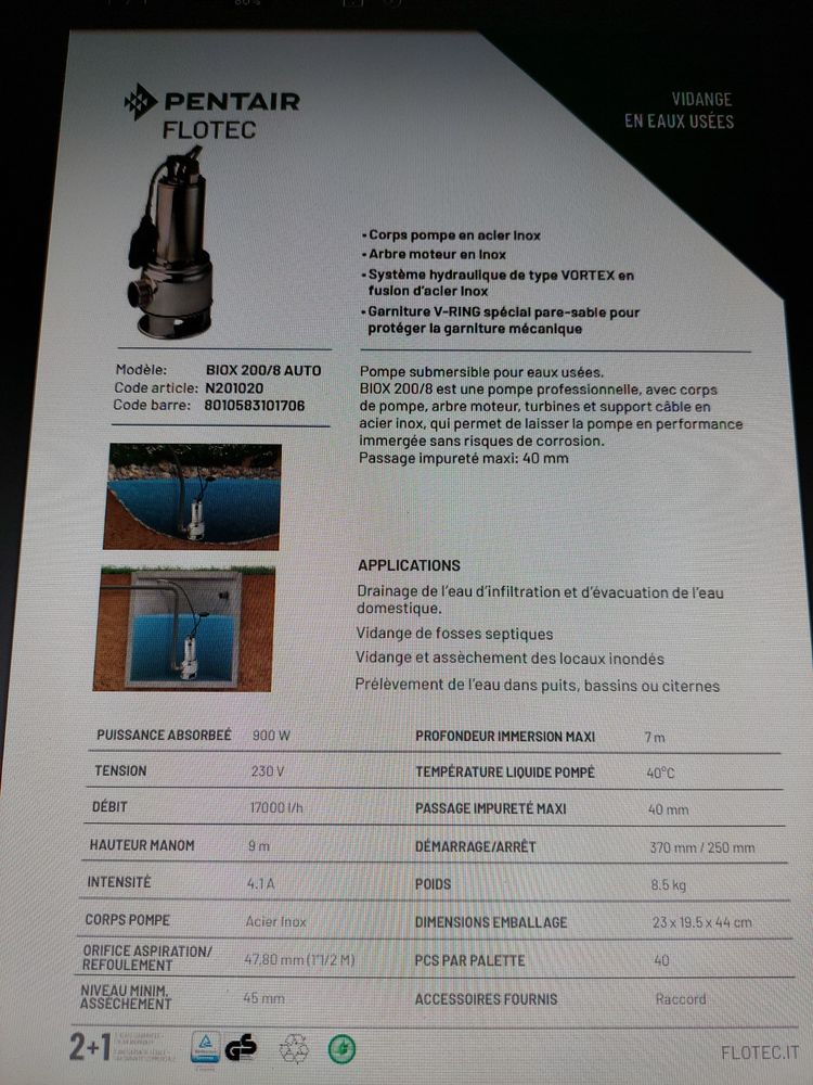 pompe de relevage Pentair flotec BIOX 200/8 AUTO 17 m3 200 Richardm�nil (54)