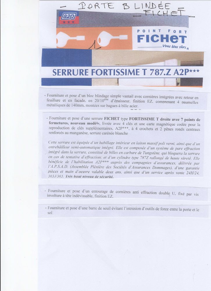 Porte Blind�e Fichet avec Serrure Fortissime 700 Paris 16 (75)