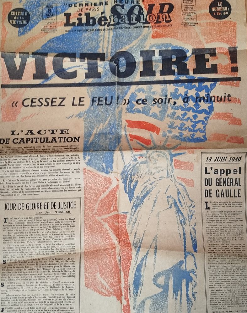 Premi�re page Journal lib�ration 8 mai 1945 100 Bordeaux (33)