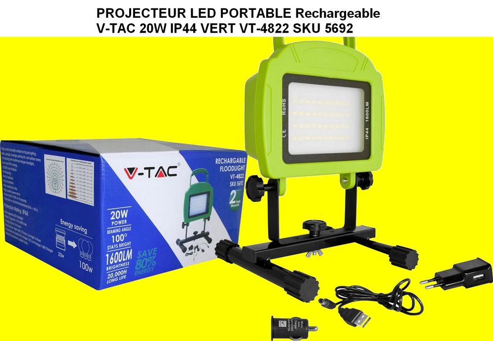 PROJECTEUR LED PORTABLE Rechargeable V-TAC 20W IP44 VERT VT- 40 Saint-P�tan (22)