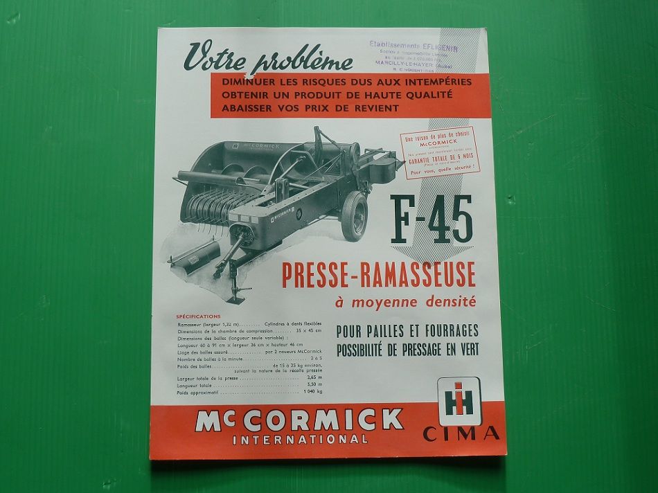 Prospectus agricole presse -Ramasseuse Mac CORMICK F-45 1 Marcilly-le-Hayer (10)