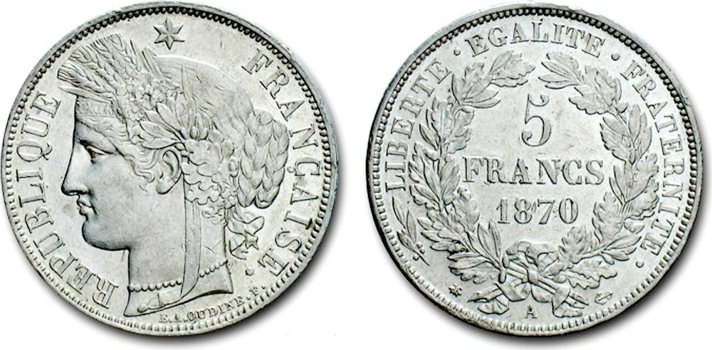 RARE MONNAIE  F 333/1   5 F CERES 1870 A  SPL 164 Raismes (59)