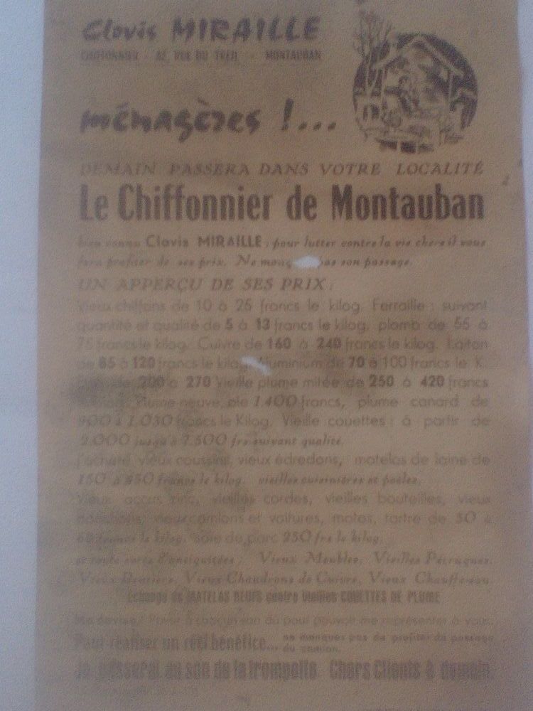 Rare Prospectus Clovis Miraille Le chiffonnier de Montauban 7 N�rac (47)
