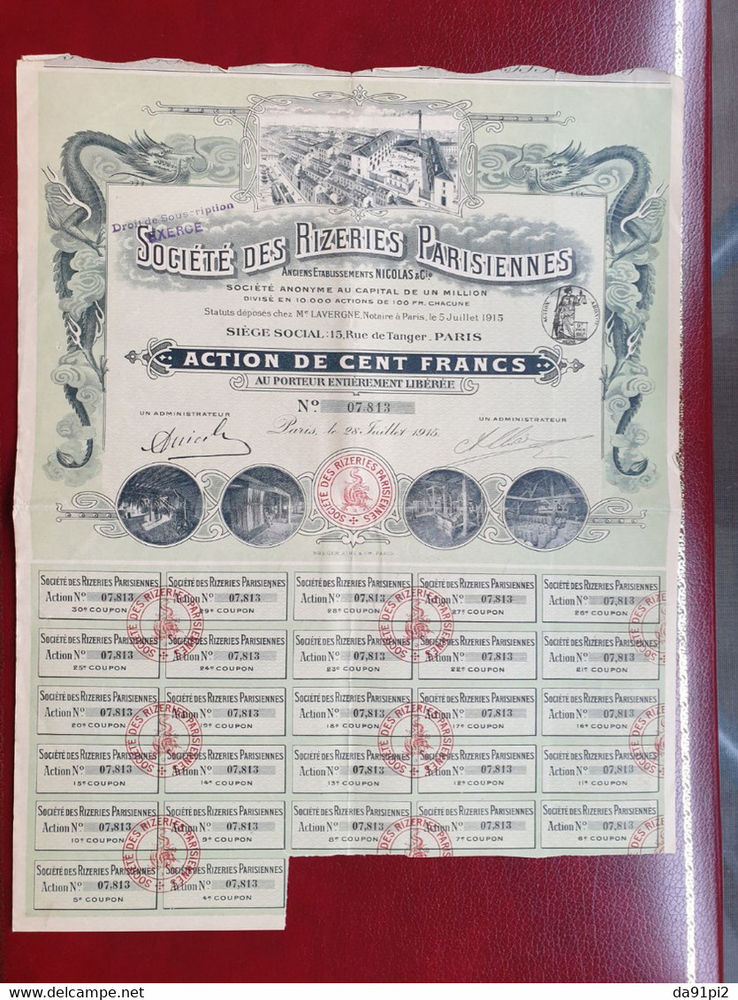 Rare Super DECO action de 100 francs Or Rizeries Parisiennes 24 Vichy (03)