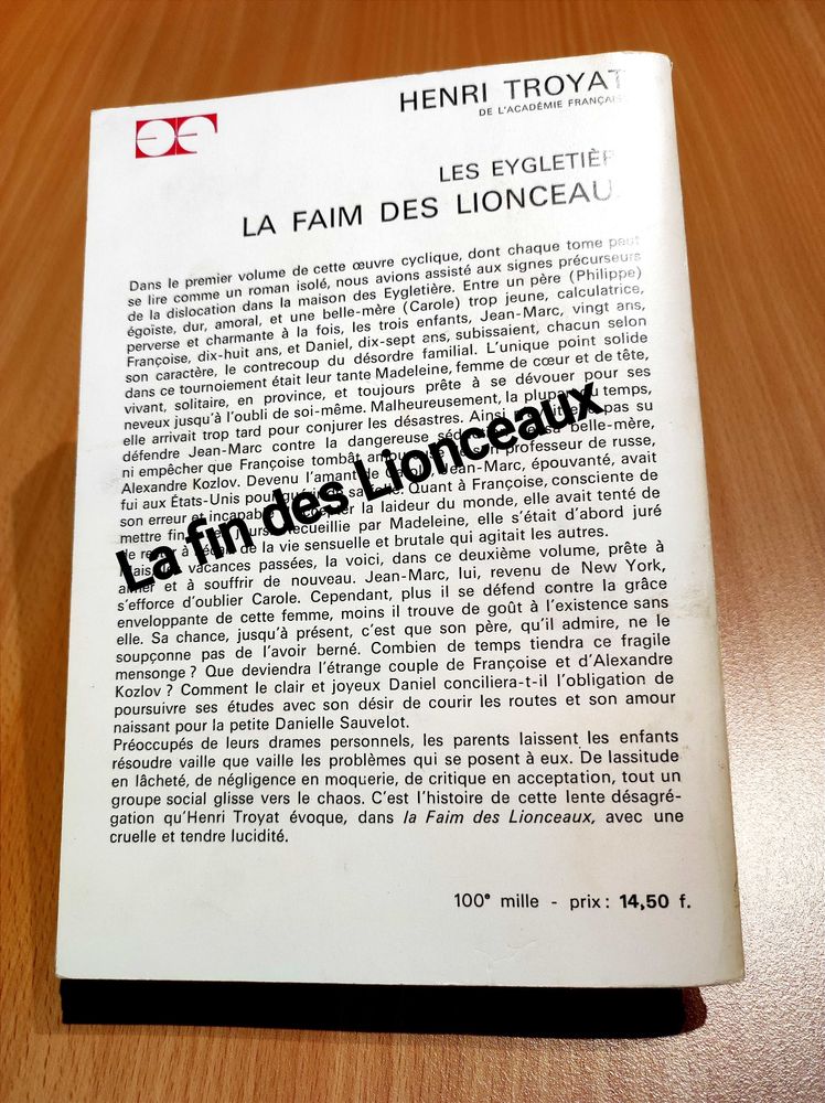 Roman Henri Troyat �  La Faim des Lionceaux 2 Chazelles-sur-Lyon (42)