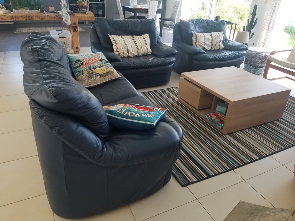 Salon en cuir bleu (canap� 2 places et 2 fauteuils) 280 Bayeux (14)