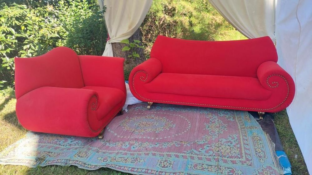 SALON DESIGN BRETZ CANAPE + FAUTEUIL VELOURS ROUGE BON ETAT 1750 Montignac (24)