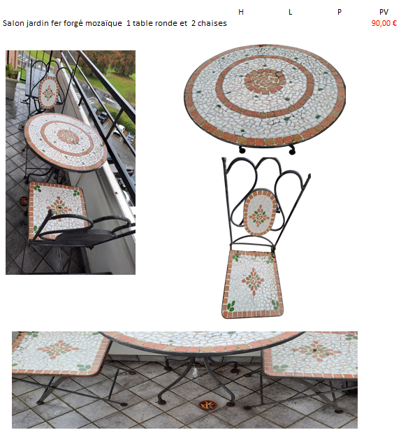 SALON JARDIN FER FORG� MOZA�QUE  table ronde et  2 chaises 90 Maubeuge (59)