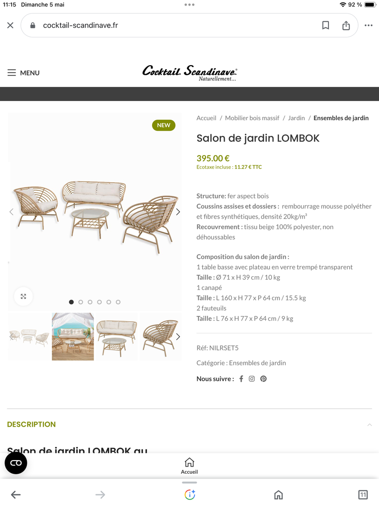 Salon de jardin neuf cocktail scandinave achet� le 4-5-24 330 Rochefort (17)